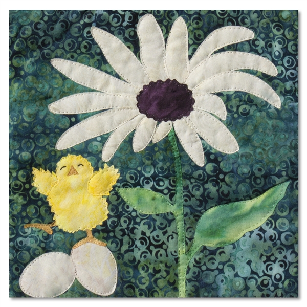 Quilt block of the first chick in a nest hatching and greeting the world and a large daisy