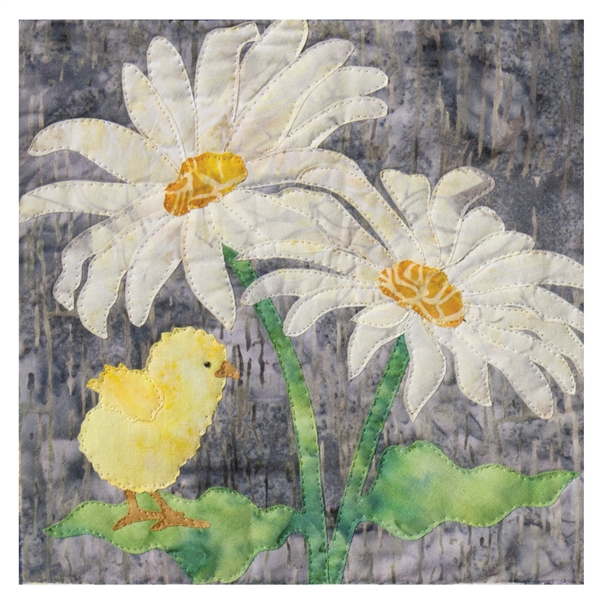 Quilt block of a chick with two large daisies