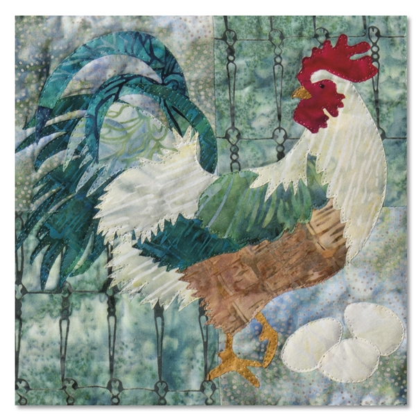 Quilt block of a rooster protecting a clutch of eggs