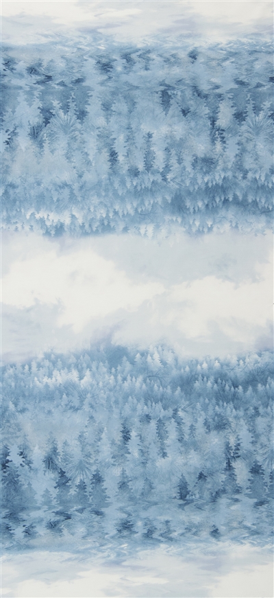 Screen printed fabric that fades from forest to sky and back, in icy blue and gray.