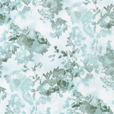 Cyanotype leaves and flowers in light aqua and olive green.