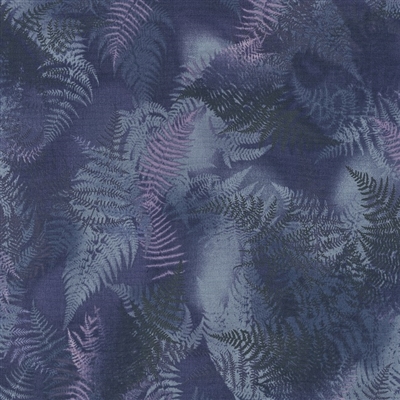 Swirling fern leaves in deep blue, gray, and purple.
