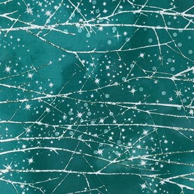 Snowy forest screen print with snowfall lacquer in deep teal.