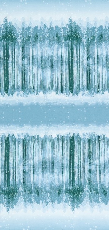 Screen printed fabric that fades from snowy forest to snowy sky and back in medium blue and green.