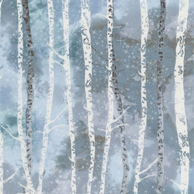 White birch forest screen print with white snowflake lacquer, in light blue to medium gray.