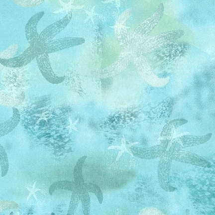 Starfish screenprint in sky blue with hints of teal and pale green.