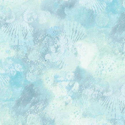 Seashell screenprint in light blue with hints of sky blue and pale green.