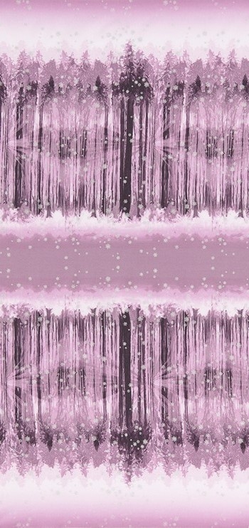 Screen printed fabric that fades from snowy forest to snowy sky and back, in plum, with metallic lacquer.