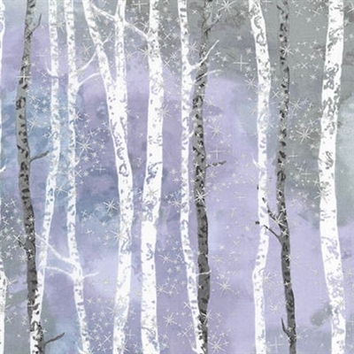 White birch forest screen print with metallic snowflake lacquer, in light to medium lavender