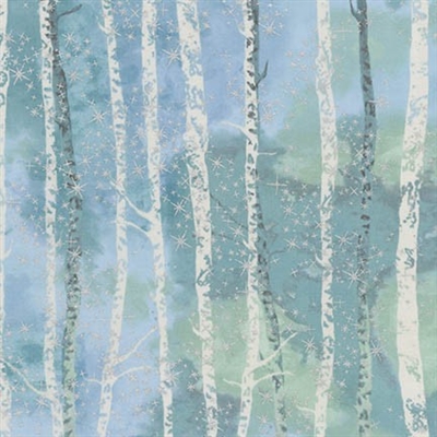 White birch forest screen print with metallic snowflake lacquer, in medium blue to light green.