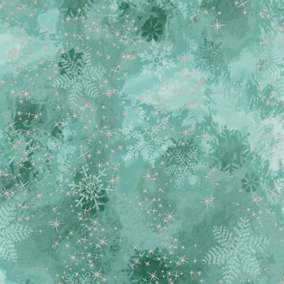 Metallic snowflake lacquer mottled screen print in light aqua to evergreen.
