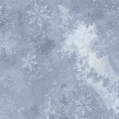 Metallic snowflake lacquer mottled screen print in light periwinkle to medium gray.