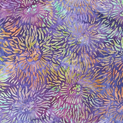 Sea Anemone pattern fabric in purple, with highlights of yellow, orange, magenta, and aqua.