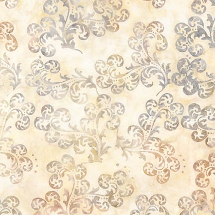 Delicate scroll batik fabric in cream, coffee, and graphite.