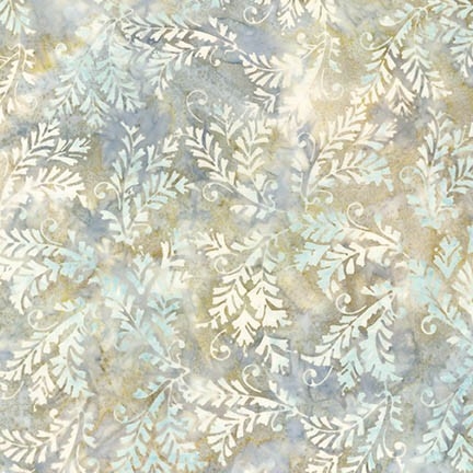 Ornate leaf batik fabric in beige, pale green, and gray blue.