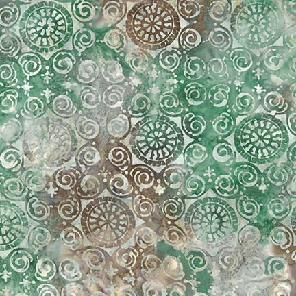 Palermo tile batik fabric in green, brown, and cream.