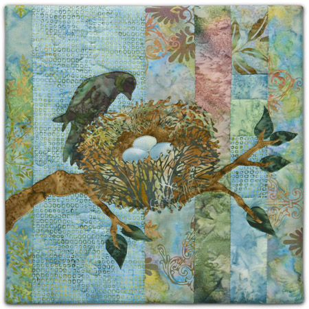 Quilt block with stylized bird watching a nest with eggs on a tree branch in pink, blue, and green floral patterns