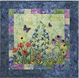 Quilt block showing wildflowers and butterflies.