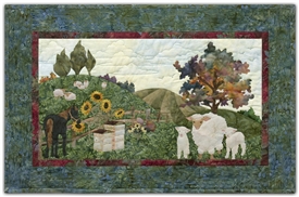 Pastoral farm scene with sunflowers, grazing sheep, a horse, and beehives.