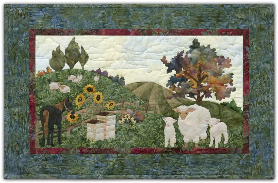 Pastoral farm scene with sunflowers, grazing sheep, a horse, and beehives.