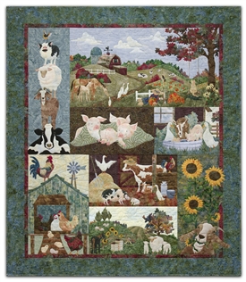 Full quilt  of a pastoral farm scene with barn, horses and sheep grazing, geese, and a scarecrow.