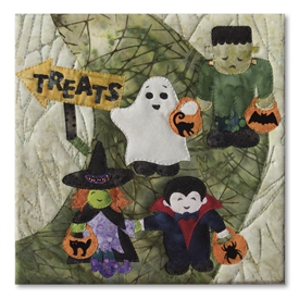 Quilt block of best ghoul friends forever Frank, Spooky, Fangs, and Wanda out trick or treating with pumpkin shaped candy buckets