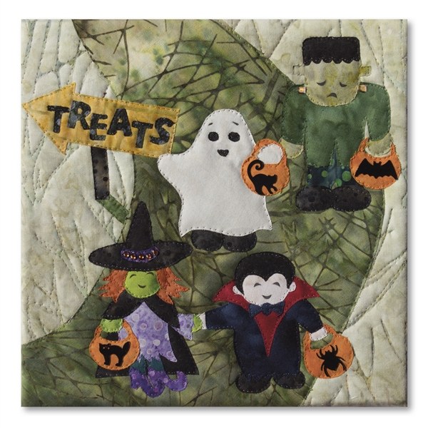 Quilt block of best ghoul friends forever Frank, Spooky, Fangs, and Wanda out trick or treating with pumpkin shaped candy buckets