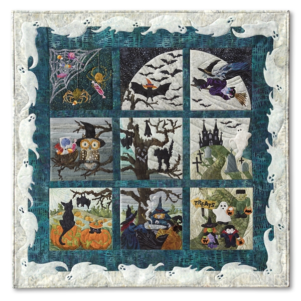 Full Halloweenies quilt shows witches, bats, birds, spiders, little monsters, and spooky trees celebrating the best night of the year underneath a full moon