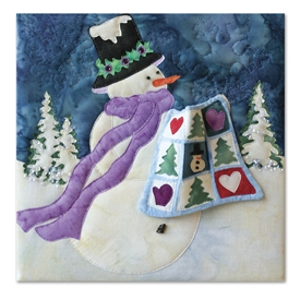 Quilt block of a snowman bringing a quilt for show and tell