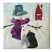 Art Print of a snowman telling a riveting tale to a bunny and a bear cub, with a schoolhouse decorated for the holidays visible in the background.