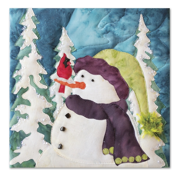 Quilt block of a curious snowman in a jazzy hat trying to figure out why a cardinal has perched on his nose