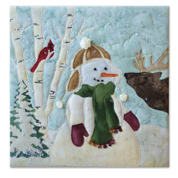 Quilt block of a snowman making friends with an elk calf