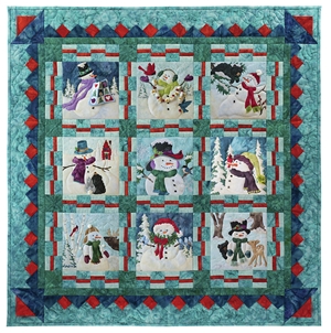 Full quilt image of all nine silly snowmen and their friends, with a beautiful prairie point pieced border.