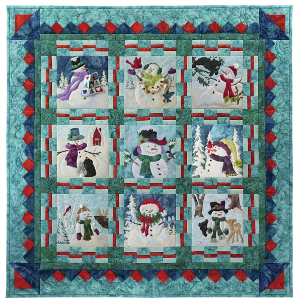 Full quilt image of all nine silly snowmen and their friends, with a beautiful prairie point pieced border.