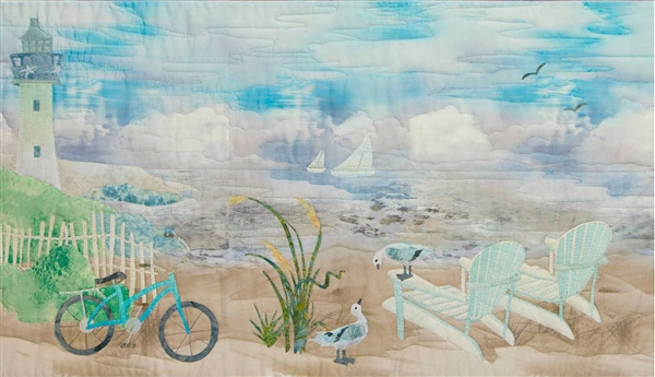 Art panel of two adirondack chairs on the beach, bicycle leaning on a white picket fence and a path leading up to the lighthouse that overlooks the ocean.