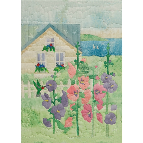 Art print of summer house that overlooks the bay, with cheerful pink and purple hollyhock flowers in the front yard.