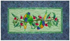 Quilt block of three Australian parrots on a Alberys Red Christmas Bush.