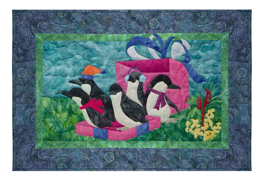 Quilt block of five penguins visiting the outback for Christmas, tumbling out of a present box.