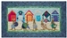 Quilt block of five kangaroos ready to play on the beach, in front of brightly colored beach huts decorated for the holidays.