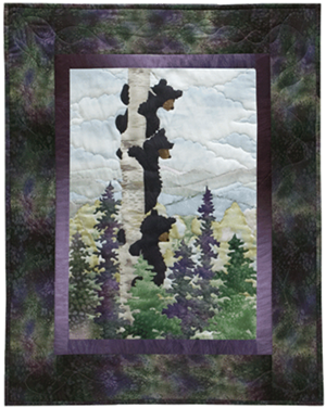 Quilt block of three mischievous black bear cubs climbing a birch tree to get a better view.