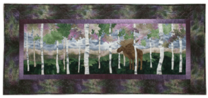 Quilt block of a bull moose jealously, peacefully, guarding his grove of birch trees.