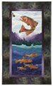 Quilt block of a rainbow trout leaping to catch a fly, as his smarter school swims safely underneath.