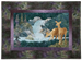 Quilt block of a doe with her fawn carefully drinking from the stream below a small waterfall.