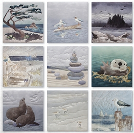 Image of nine coastal themed quilt blocks.