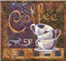 Quilt block that shows three empty coffee mugs stacked, with the word "Coffee" above in elegant script.