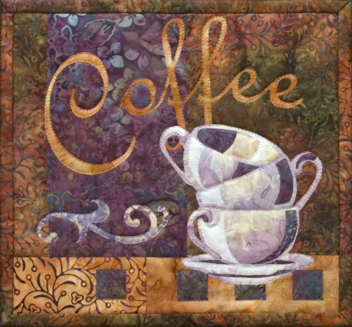 Quilt block that shows three empty coffee mugs stacked, with the word "Coffee" above in elegant script.