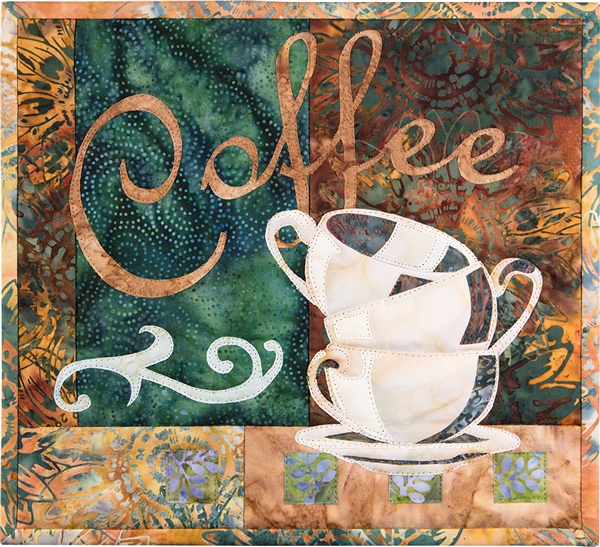 Quilt block that shows three empty coffee mugs stacked, with the word "Coffee" above in elegant script.