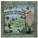 Quilt block of the entrance to the dog park, with a gate, flowers, trees, and of course, dogs.