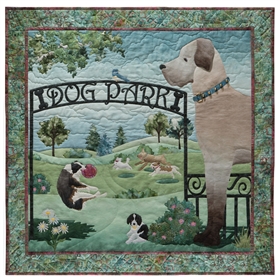 Quilt block of the entrance to the dog park, with a gate, flowers, trees, and of course, dogs.