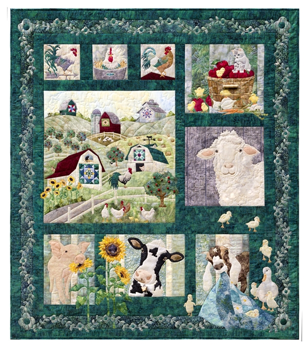 Full quilt image of the farm, with Fran, Elmer, Gladys, Gertie, and Margie.